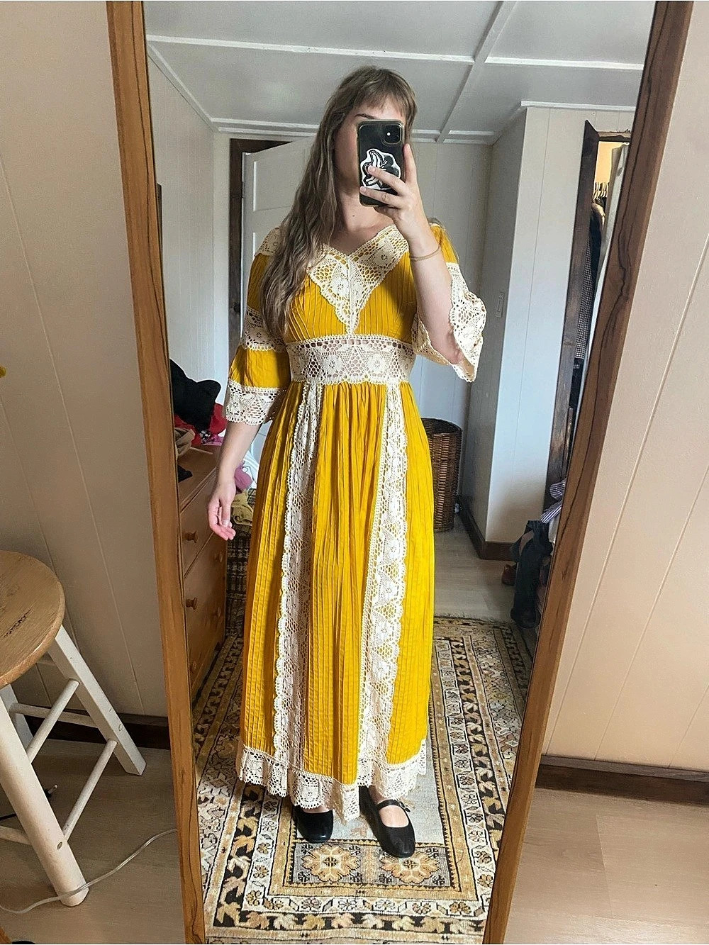 Vintage Mexican pintuck dress Yellow White Cotton Maxi Dress
